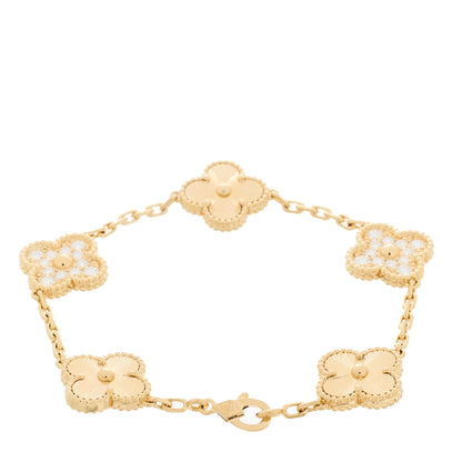 Van Cleef & Arpels 18K Yellow Gold Diamond 5 Motifs Guilloche Vintage Alhambra Bracelet 2 of 6