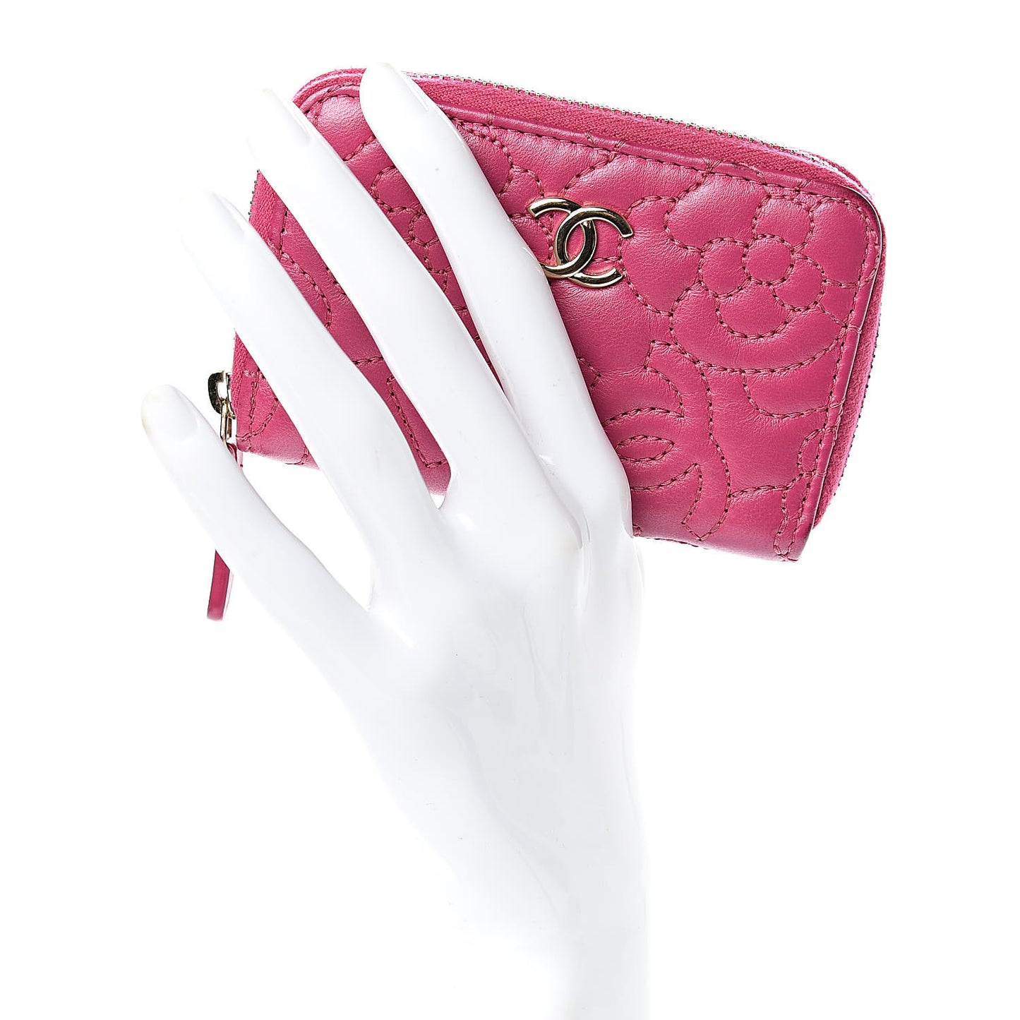 Lambskin Camellia Embossed Zip Coin Purse Fuchsia