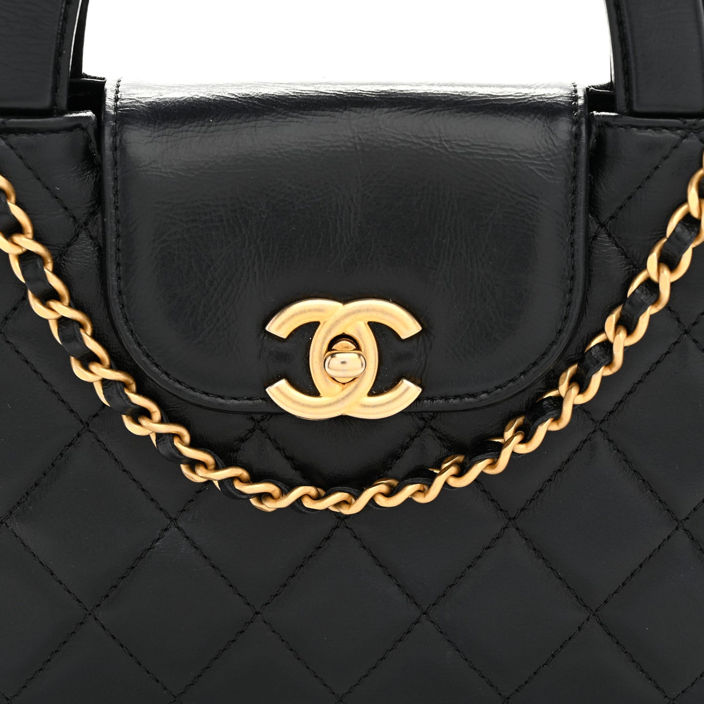 Shiny Aged Calfskin Quilted Nano Kelly Shopper Black