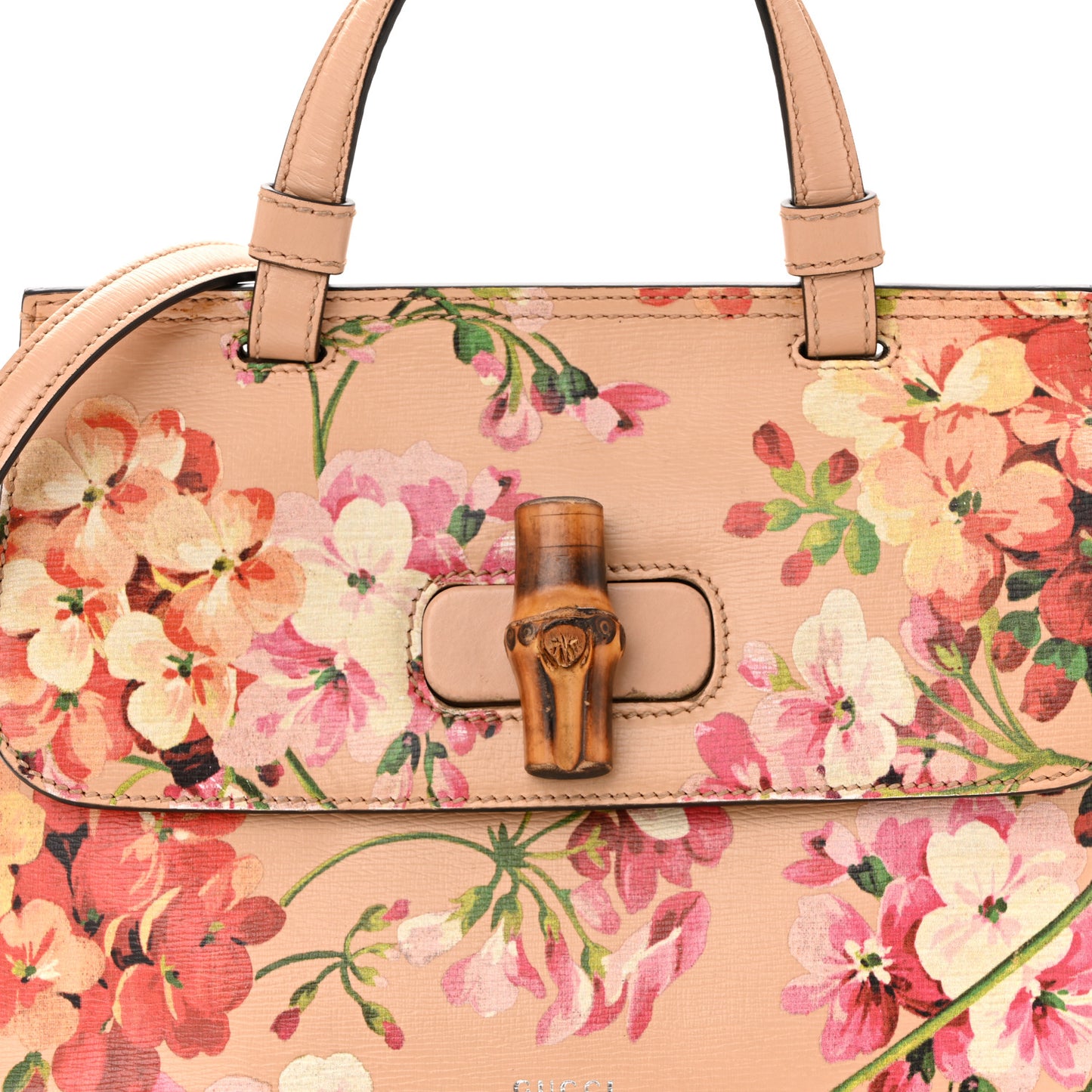 Shangai Calfskin Blooms Print Small Bamboo Daily Top Handle Bag Pink Apricot Multicolor