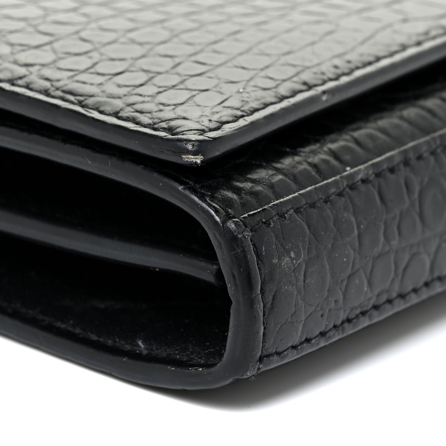 Calfskin Crocodile Embossed Monogram Chain Wallet Black