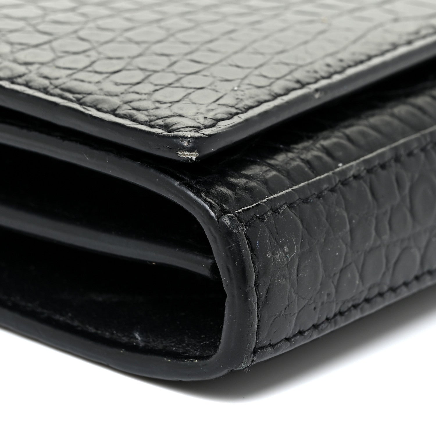 Saint Laurent Calfskin Crocodile Embossed Monogram Chain Wallet Black 9 of 16