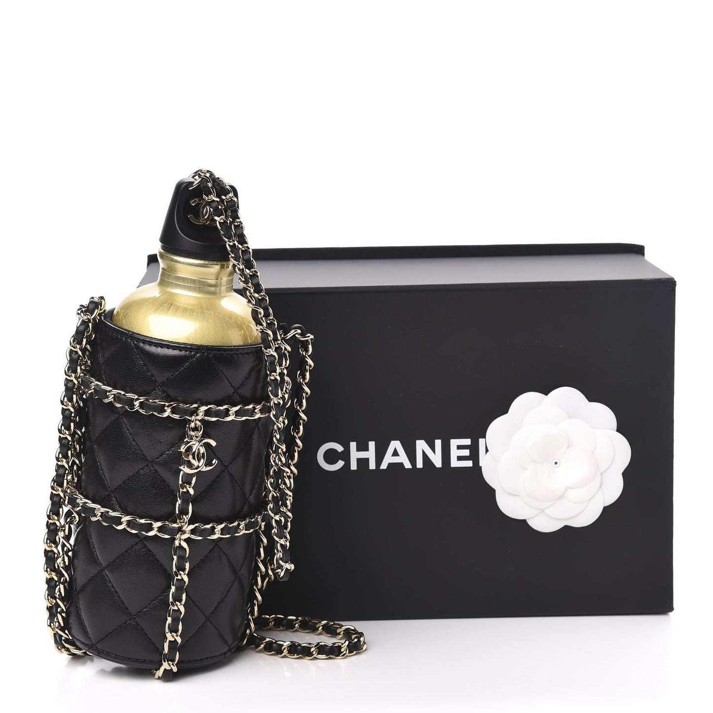 Lambskin Quilted CC To Drink Water Bottle Black Gold