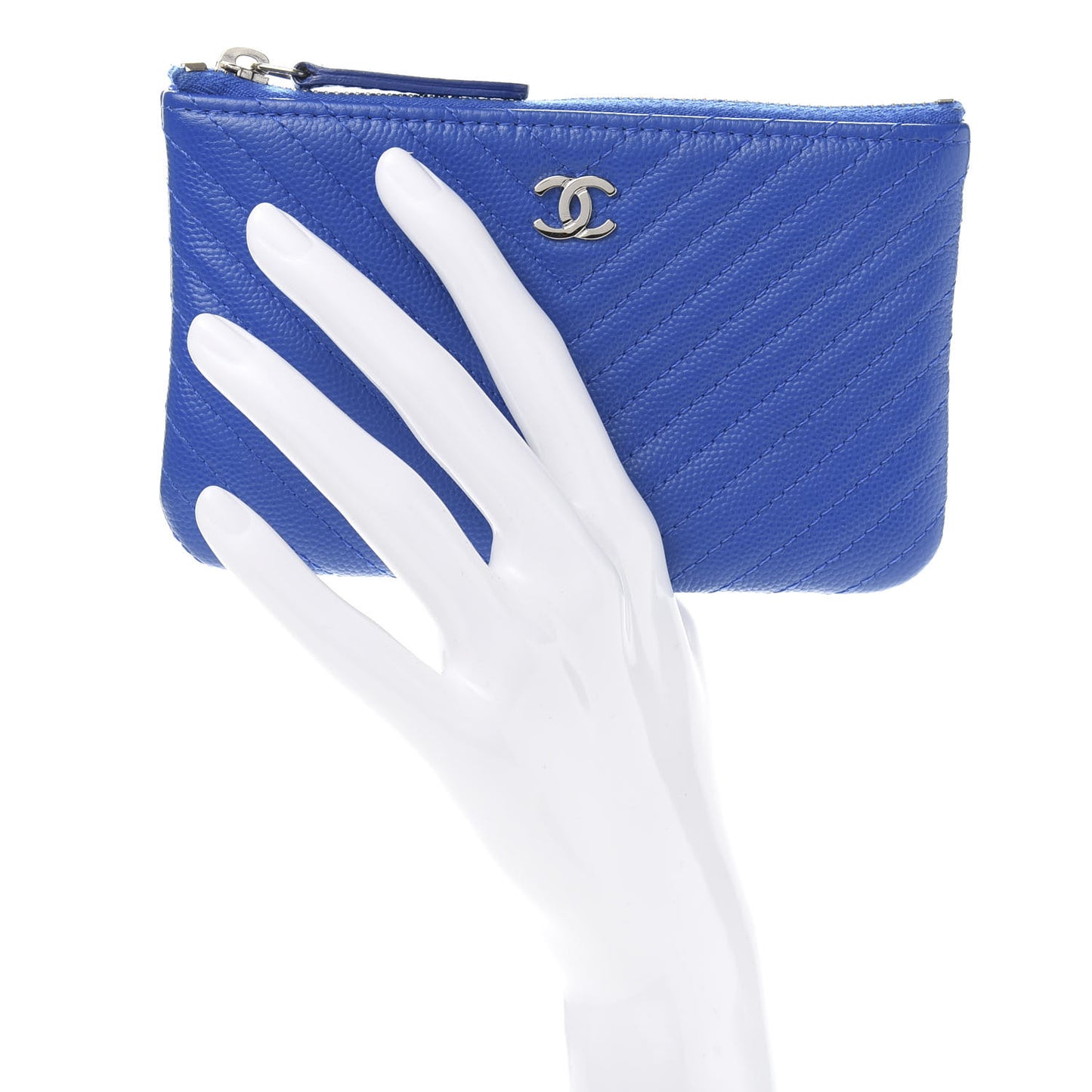 Caviar Chevron Quilted Small Cosmetic Case Blue