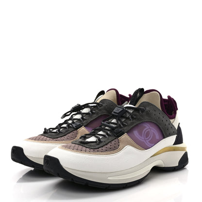 Chanel Fabric Suede Calfskin Mesh Womens CC Sneakers 40 White Grey Purple 3 of 9