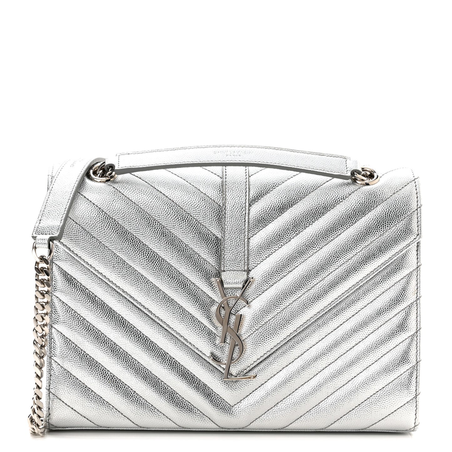 Metallic Grain De Poudre Matelasse Chevron Medium Monogram Satchel Silver