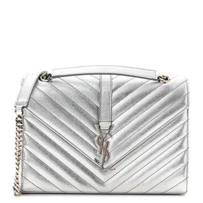Saint Laurent Metallic Grain De Poudre Matelasse Chevron Medium Monogram Satchel Silver 1 of 11