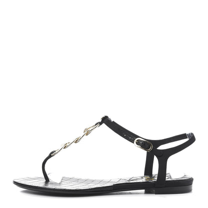 Chanel Grosgrain CC Chain Thong Sandals 37 Black Gold 1 of 7
