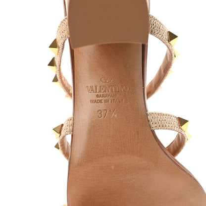 Valentino Garavani Raffia Calfskin Rockstud 60mm Caged Slide Sandals 37.5 Naturale 6 of 11