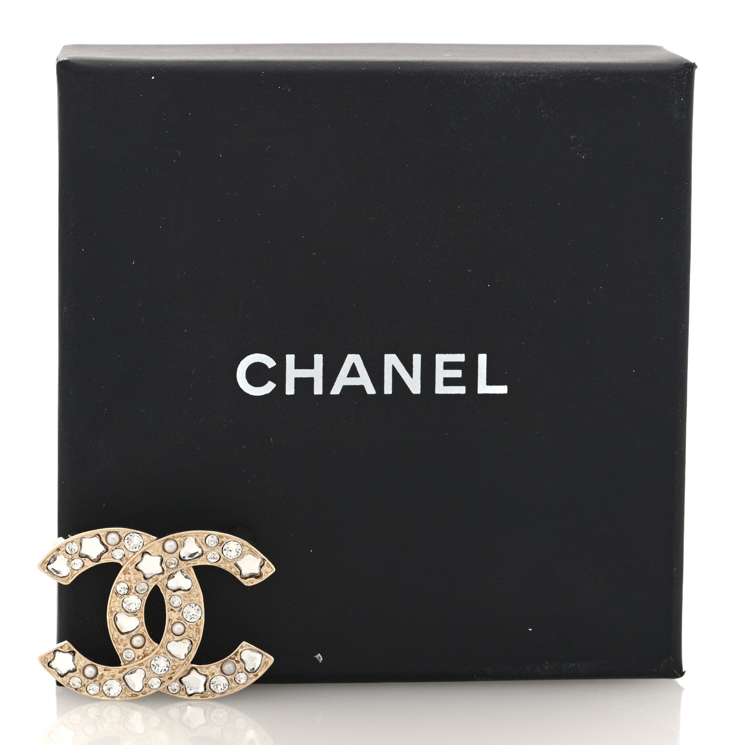 Chanel Metal Crystal Hearts Stars Pearl CC Brooch Gold 4 of 4