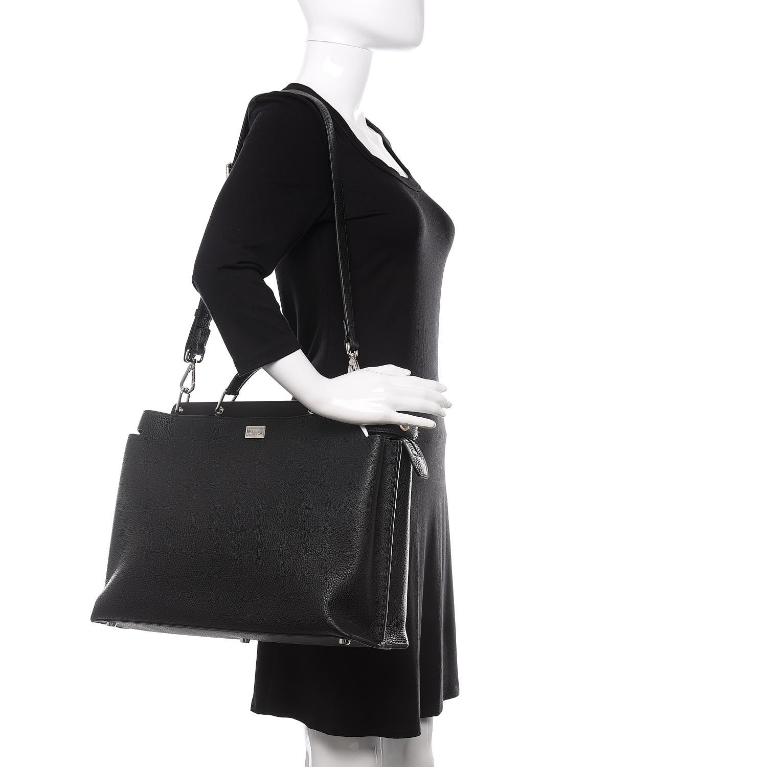 Fendi Cuoio Romano Selleria Vitello Grace Glazed Fabric FF 1974 Large Peekaboo Iconic Essential Satchel Black 2 of 11