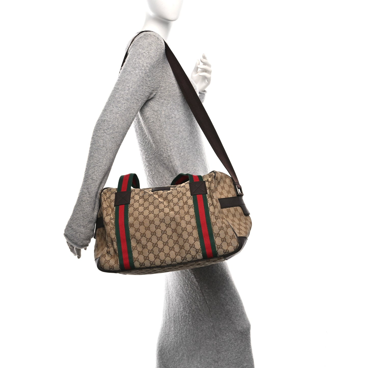 GG Monogram Web Duffle Bag Dark Brown