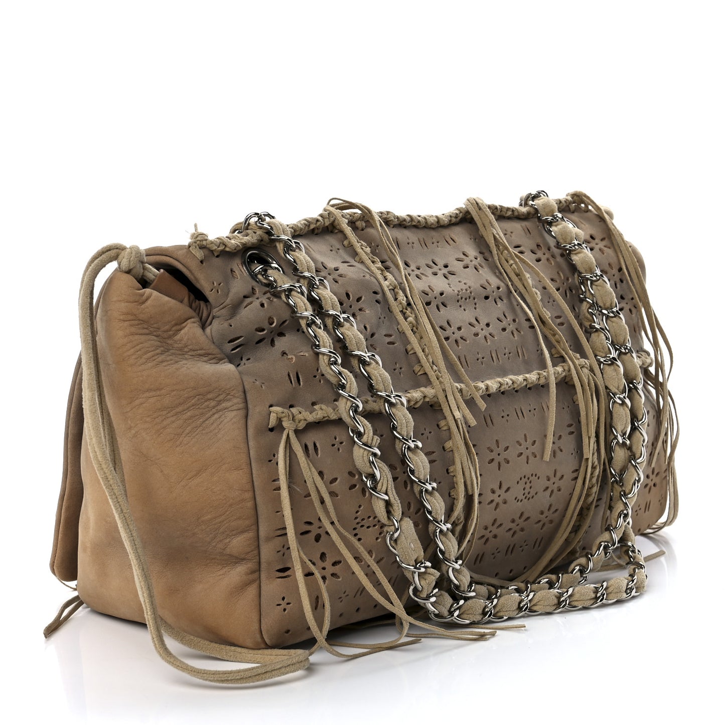 Suede Calfskin Perforated Fringe Flap Dark Beige