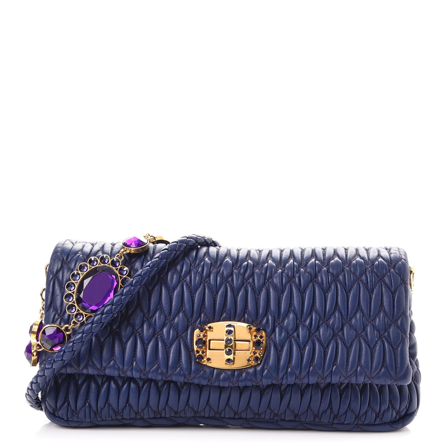 Miu Miu Nappa Matelasse Crystal Flap Clutch Dark Blue 1 of 9