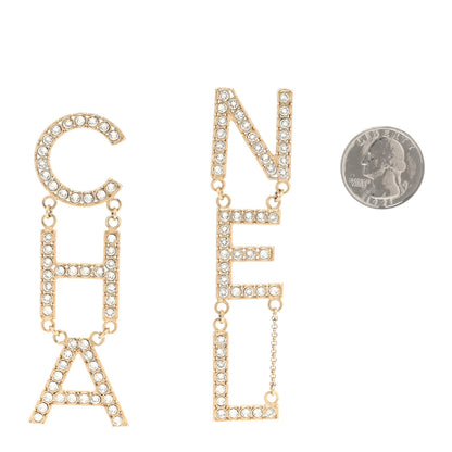 Chanel Crystal Cha-Nel Logo Drop Earrings Gold 2 of 4