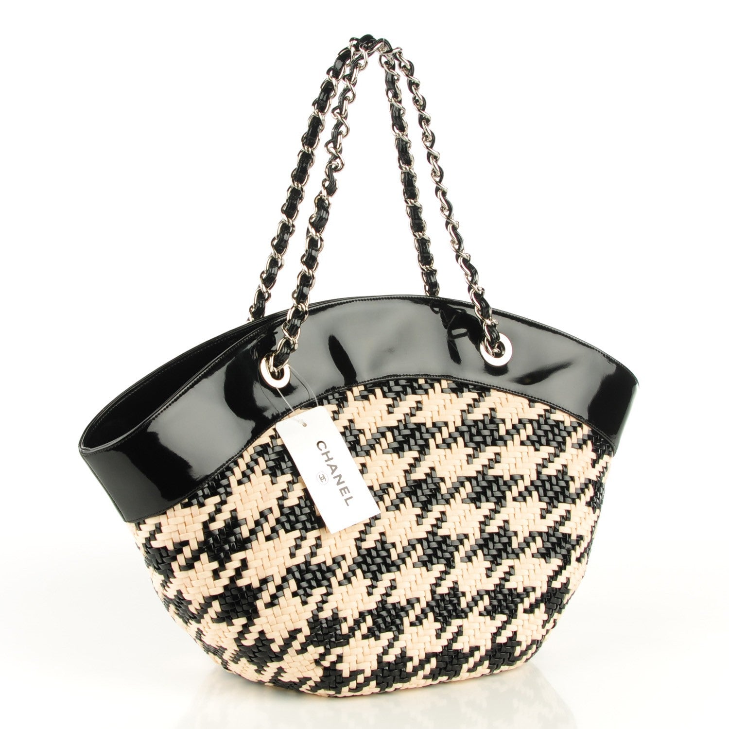 Chanel Patent Houndstooth Print Caning Basket Off White 3 of 7