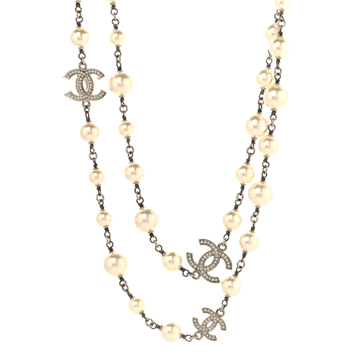 Crystal Pearl CC Long Necklace Silver