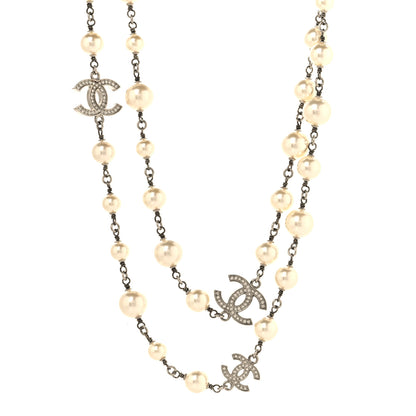 Chanel Crystal Pearl CC Long Necklace Silver 1 of 5
