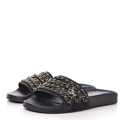Chanel Satin Canvas Chain Flat Sandals 39 Marine 4 of 10