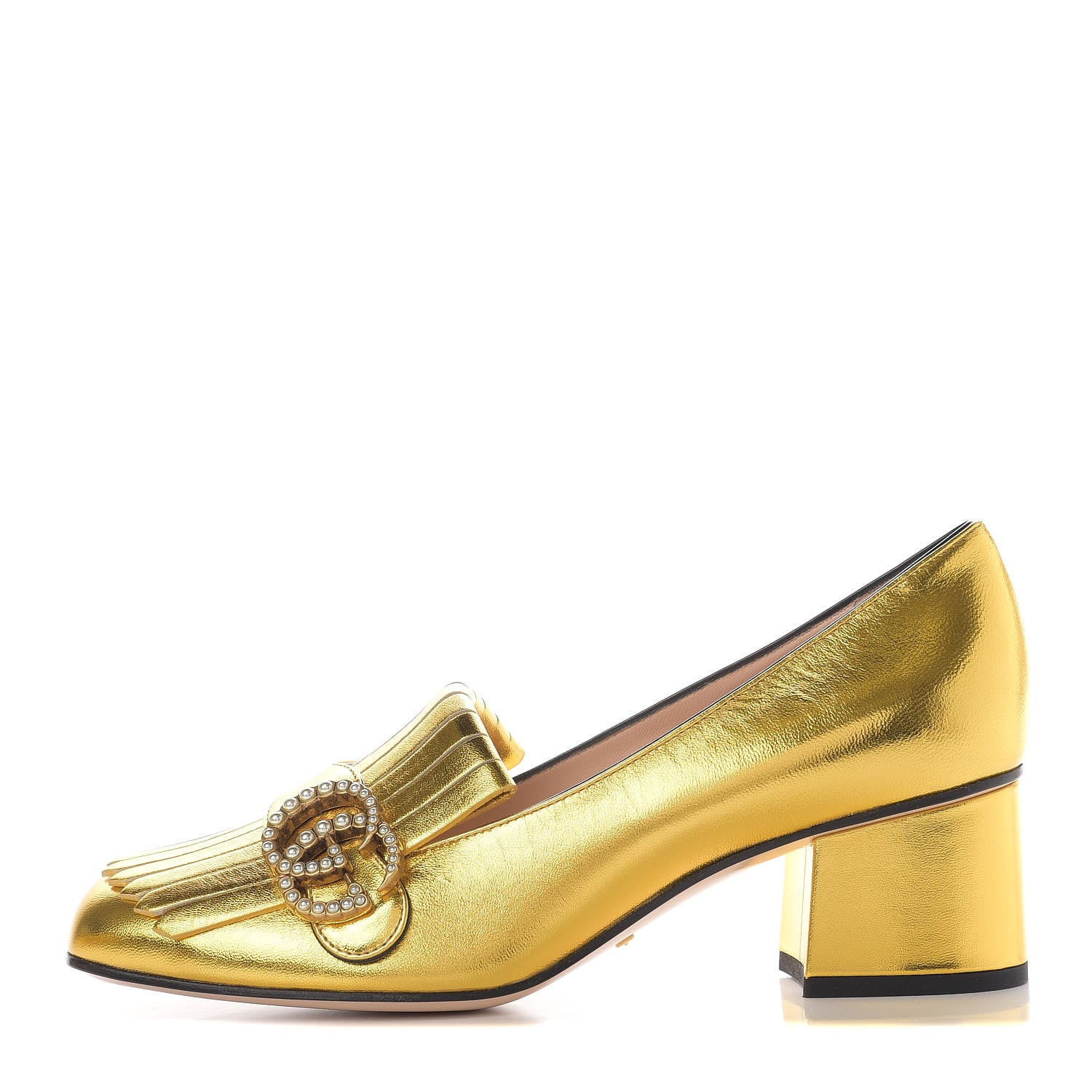 Gucci Metallic Nappa Pearly GG Marmont Fringe 50mm Loafer Pumps 37.5 Oro Vecchio 1 of 13