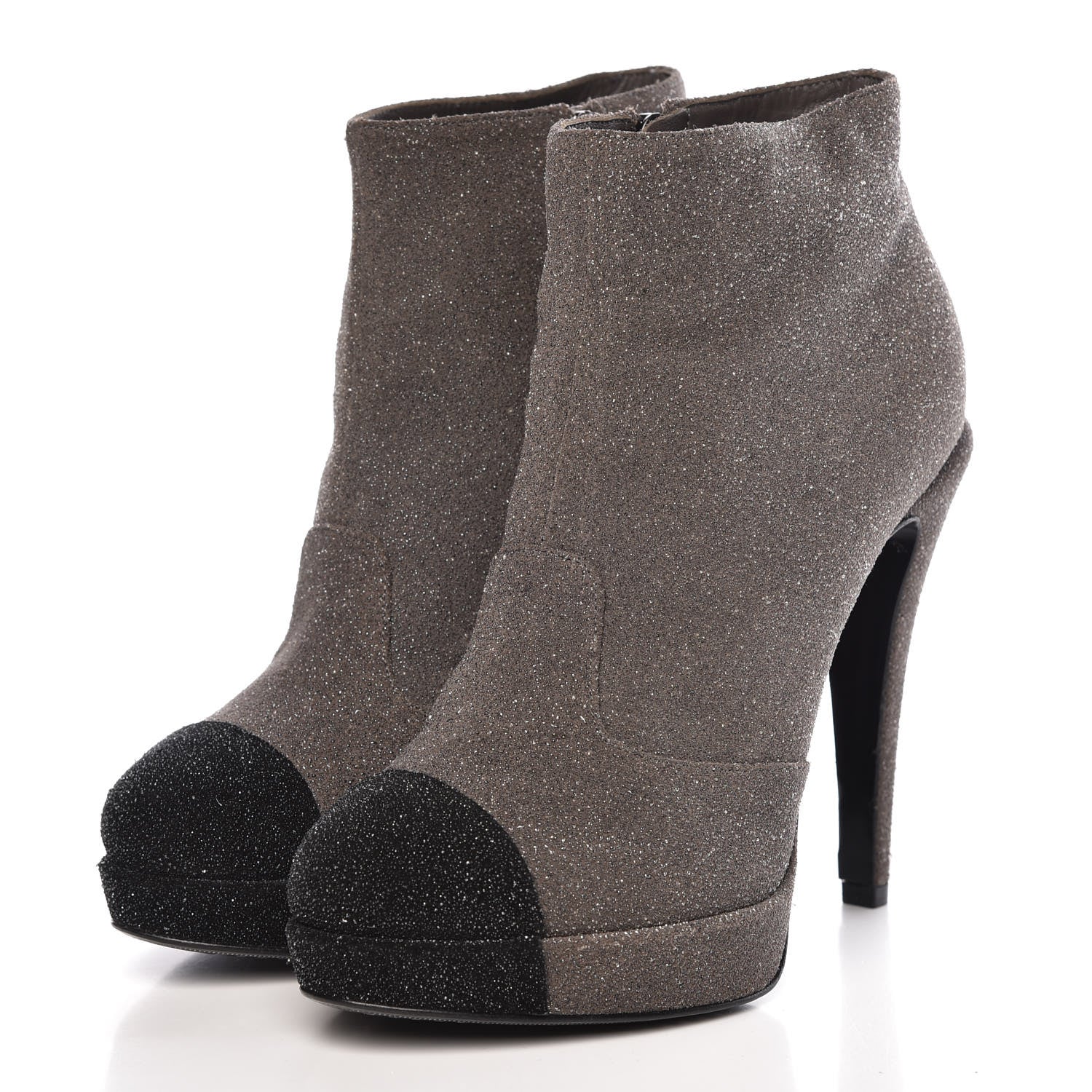 Chanel Glitter Suede Cap Toe Short Boots 36.5 Taupe Black 3 of 11