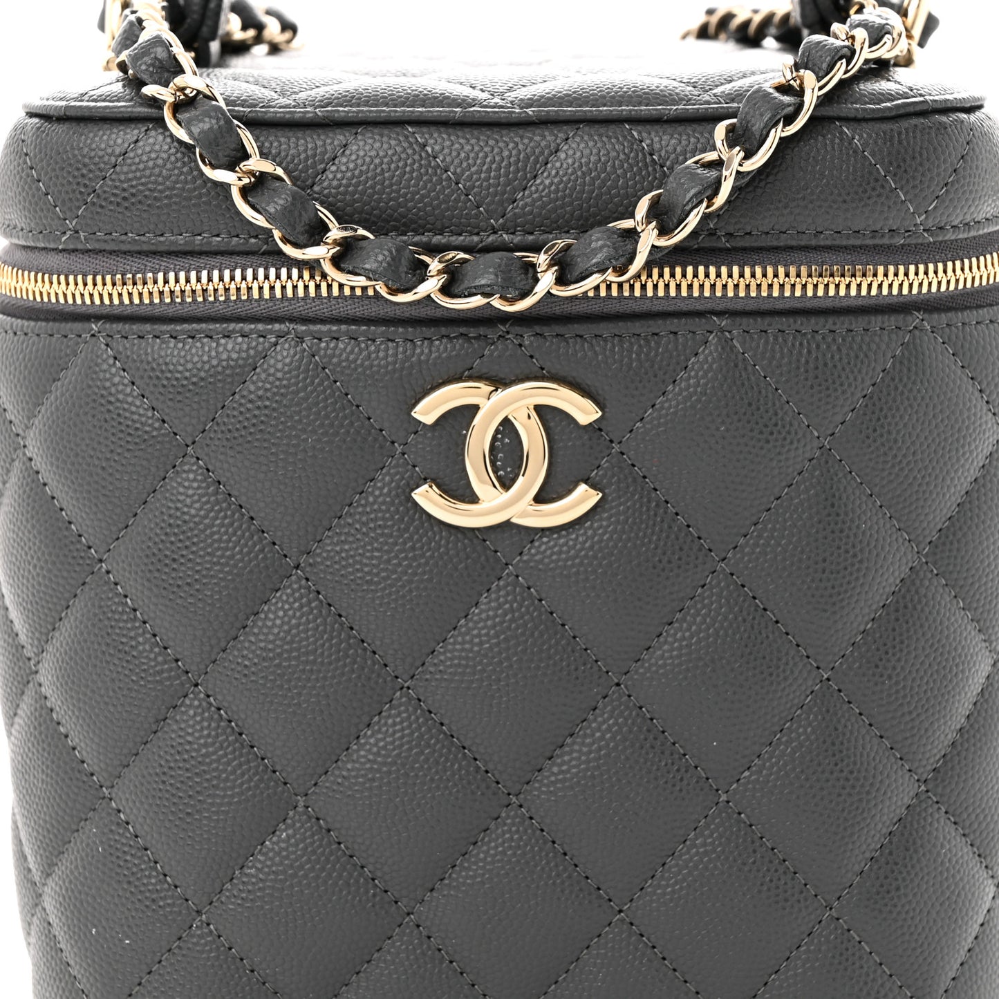 Caviar Quilted Small Top Handle Vanity Case With Chain Dark Grey