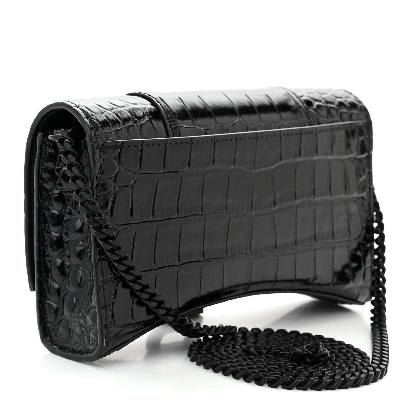 Shiny Calfskin Monochrome Crocodile Embossed Hourglass Chain Bag Black