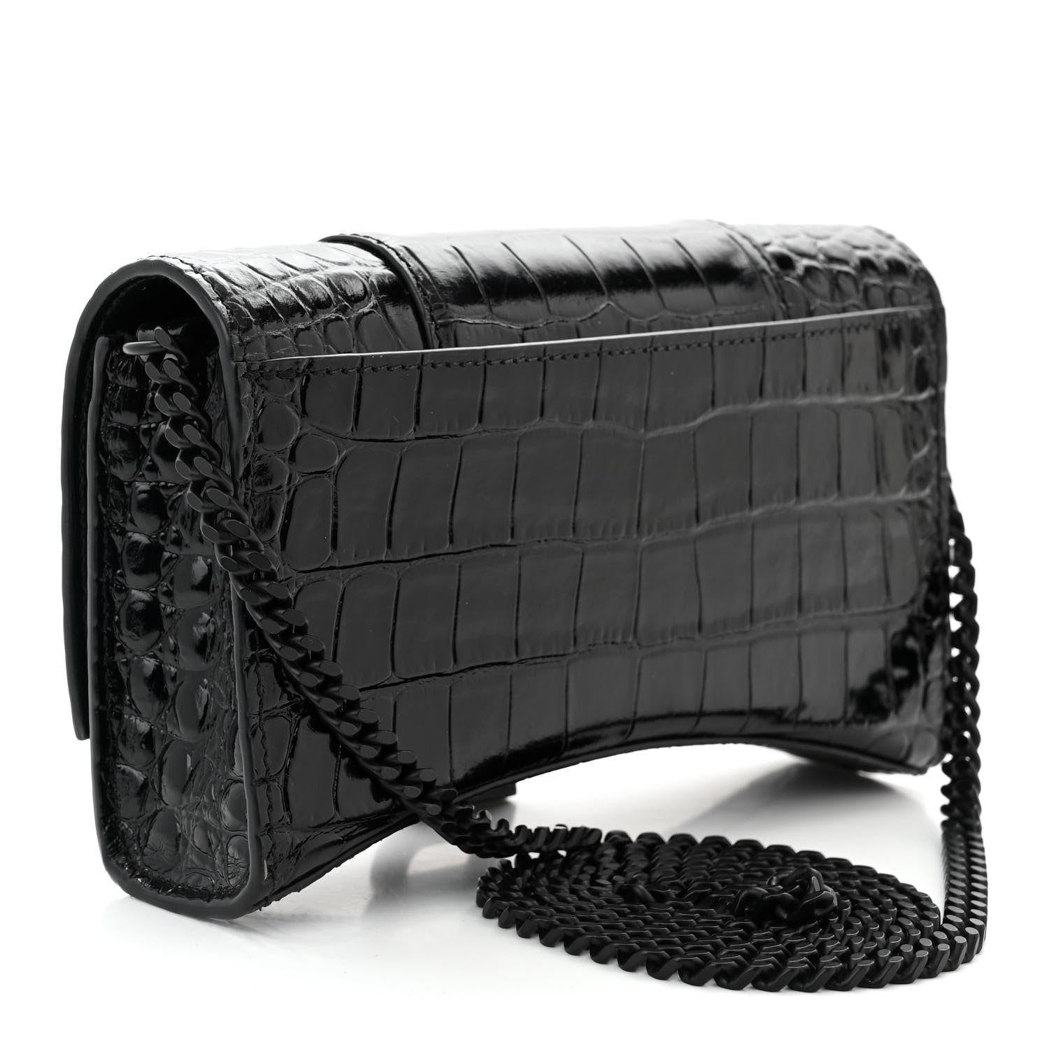 Balenciaga Shiny Calfskin Monochrome Crocodile Embossed Hourglass Chain Bag Black 3 of 9