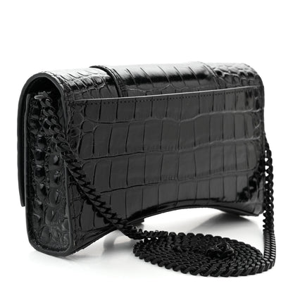 Balenciaga Shiny Calfskin Monochrome Crocodile Embossed Hourglass Chain Bag Black 3 of 9