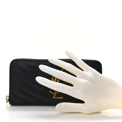 Saint Laurent Grain De Poudre Matelasse Chevron Monogram Zip Around Wallet Black 2 of 10