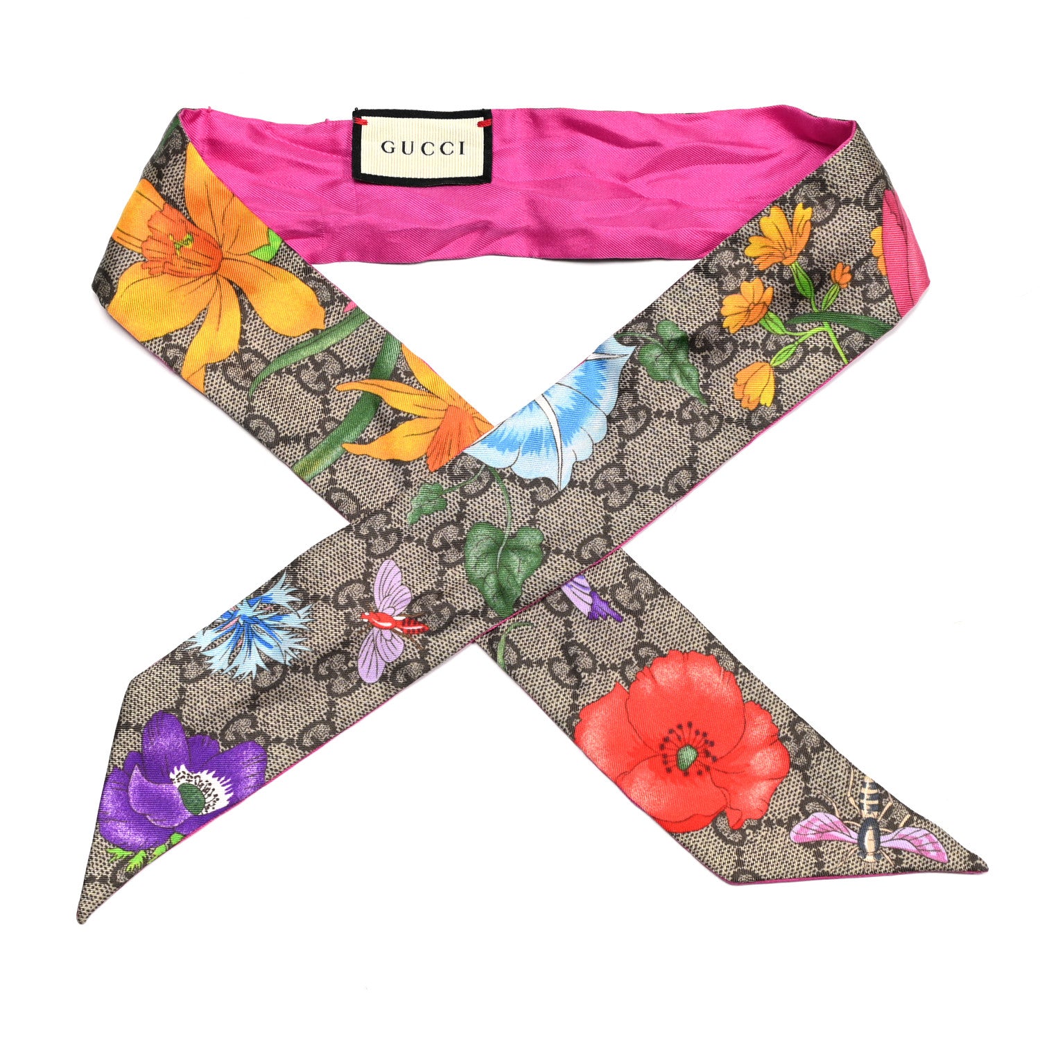 Gucci Silk Twill GG Monogram Special Flory Neck Bow Scarf Beige Pink 1 of 5