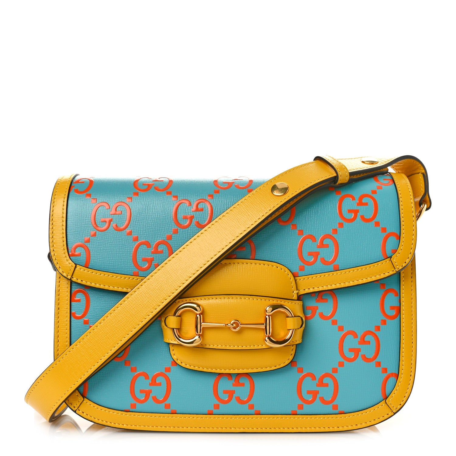 Gucci Azalea Calfskin GG Monogram Bi-Color Debossed Horsebit 1955 Shoulder Bag Dusty Azure Stone Topaz Deep Orange 1 of 9