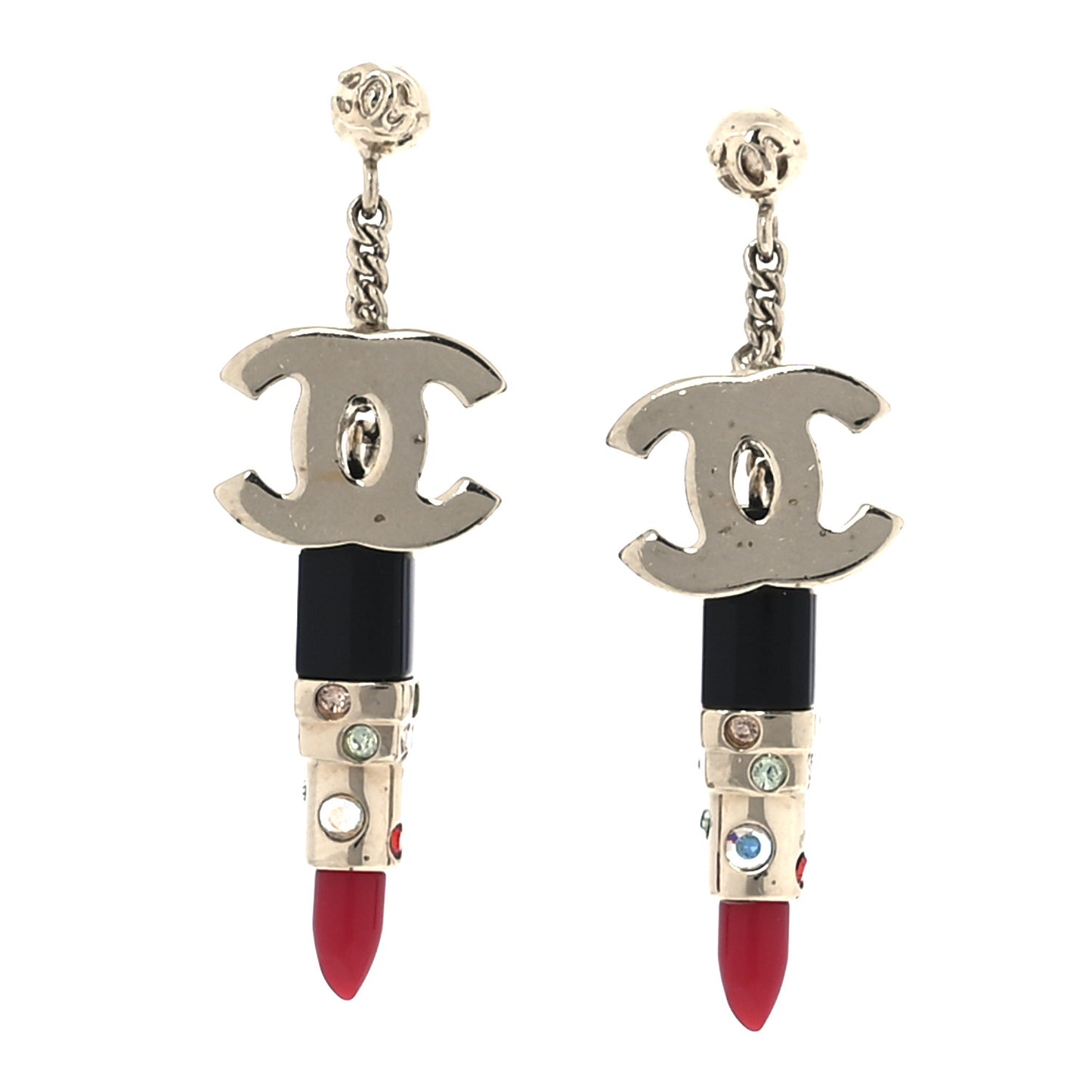 Crystal Enamel CC Lipstick Drop Earrings Red Black Gold