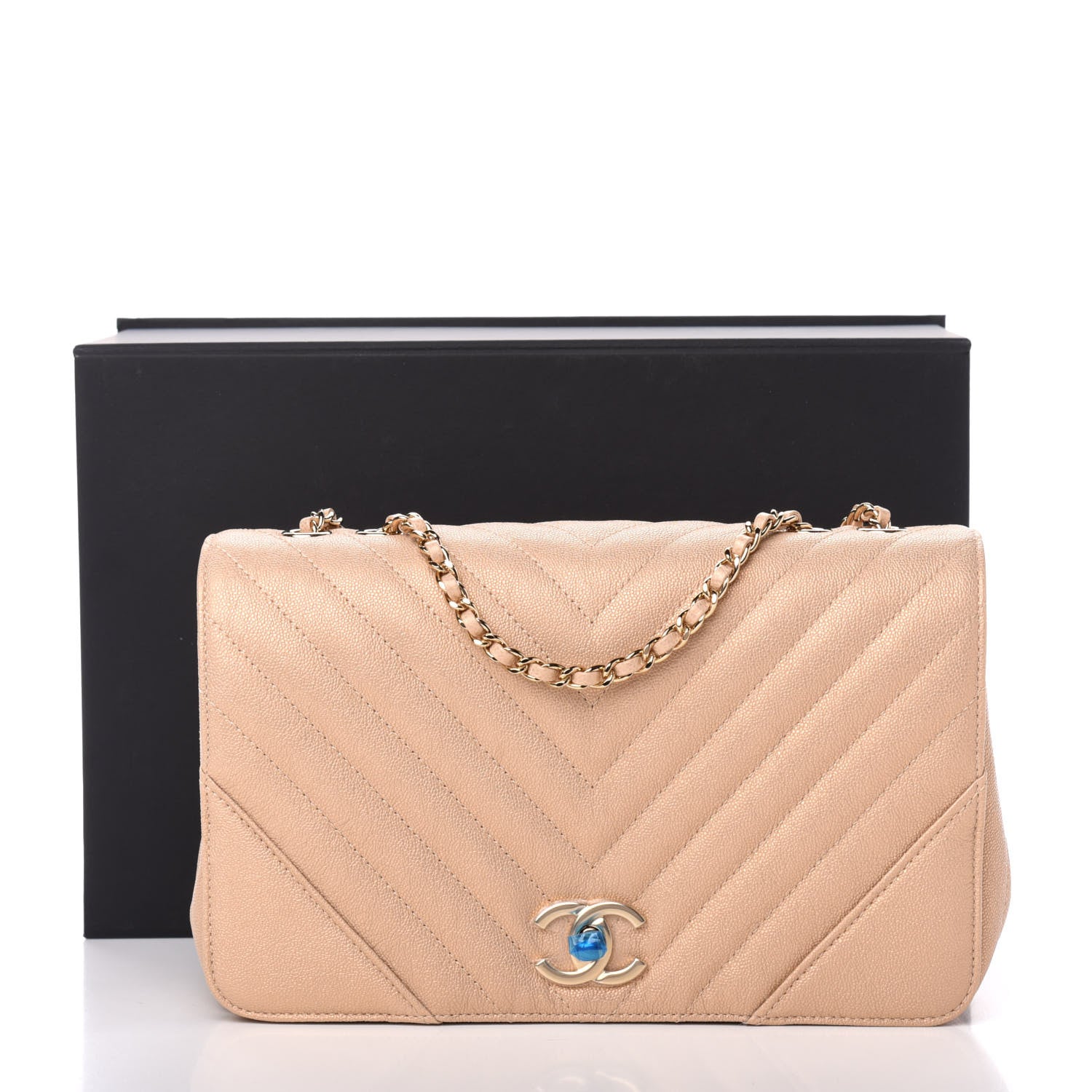 Chanel Metallic Caviar Chevron Quilted Medium Statement Flap Beige 11 of 11