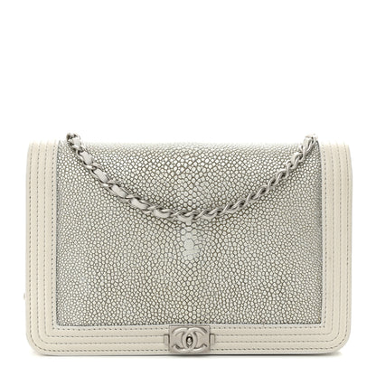 Chanel Metallic Galuchat Stingray Lambskin Boy Wallet On Chain WOC Silver 1 of 15