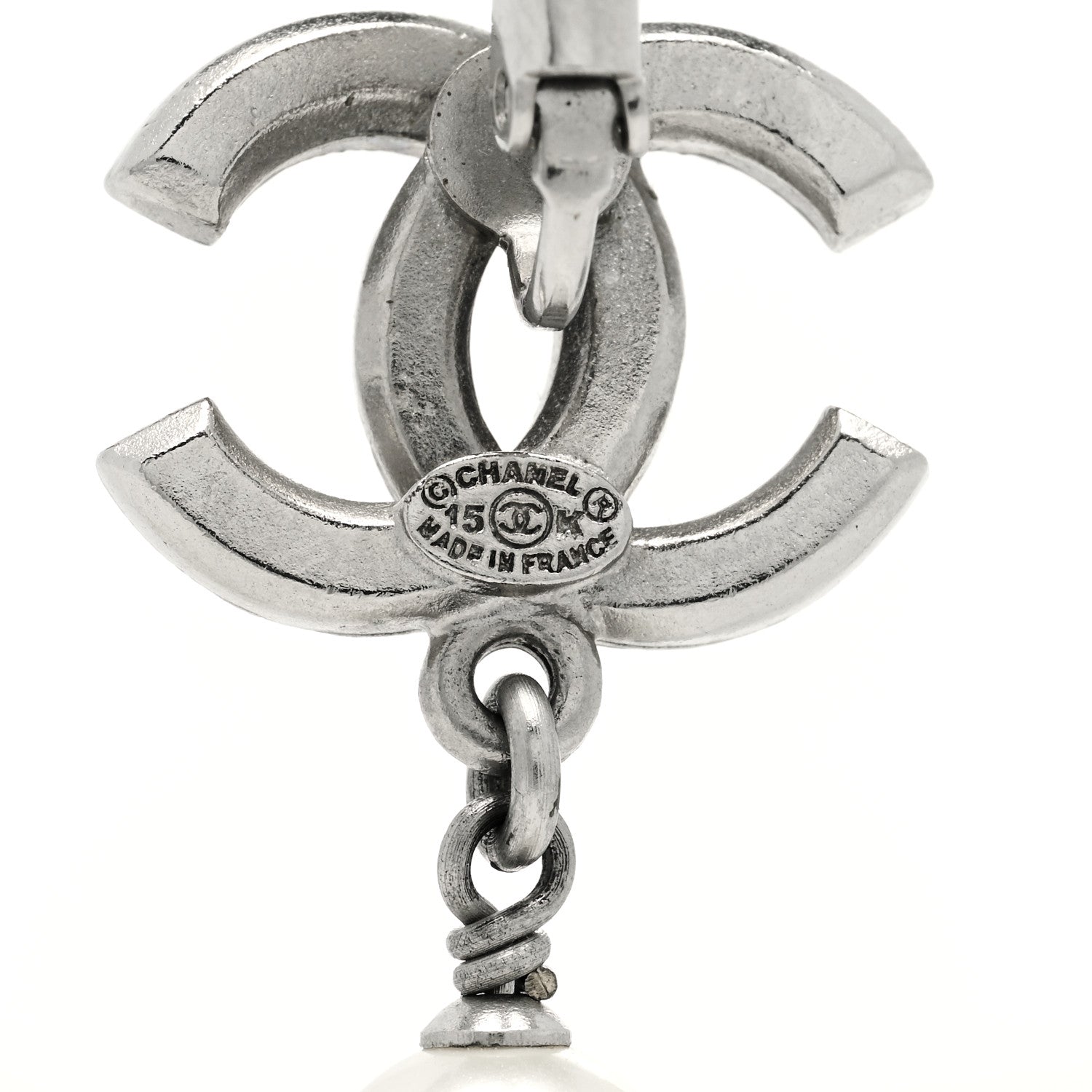 Chanel Crystal Pearl CC Long Drop Earrings Silver Black 4 of 4