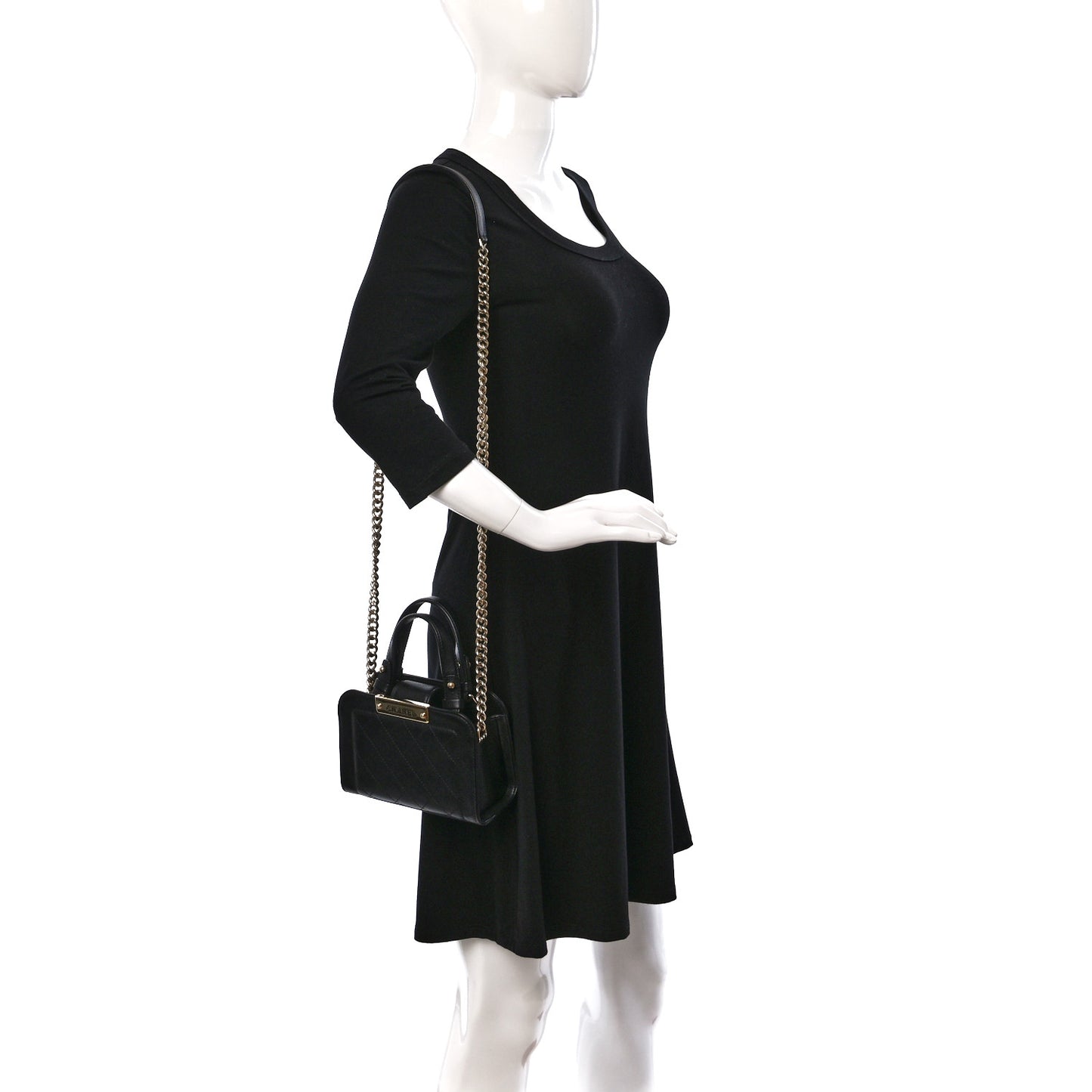 Grained Calfskin Stitched Mini Label Click Shopper Tote Black