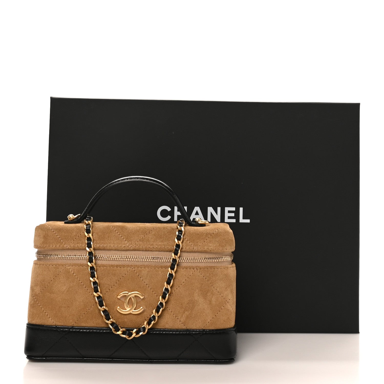 Chanel Suede Calfskin Shiny Lambskin Quilted Top Handle Slim Vanity Case With Chain Beige Black 11 of 11