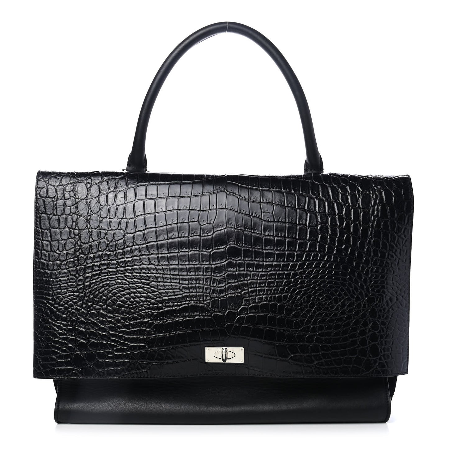 Calfskin Crocodile Embossed Large Shark Lock Satchel Black
