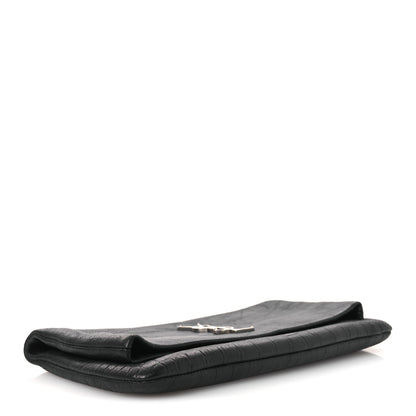 Saint Laurent Calfskin Crocodile Embossed West Hollywood Monogram Fold Over Clutch Black 4 of 8