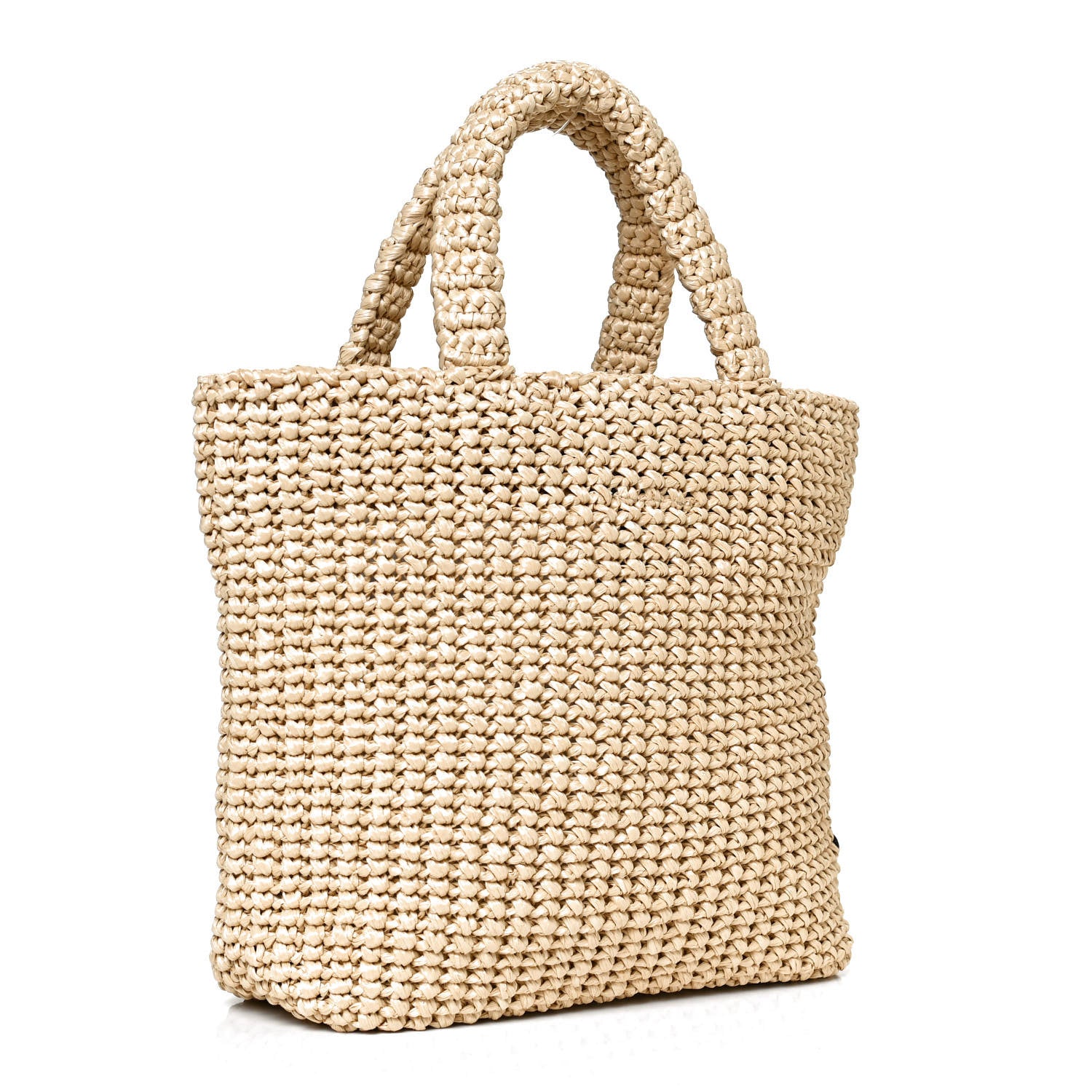 Prada Yarn Raffia Effect Crochet Embroidered Small Logo Tote Naturale 3 of 10