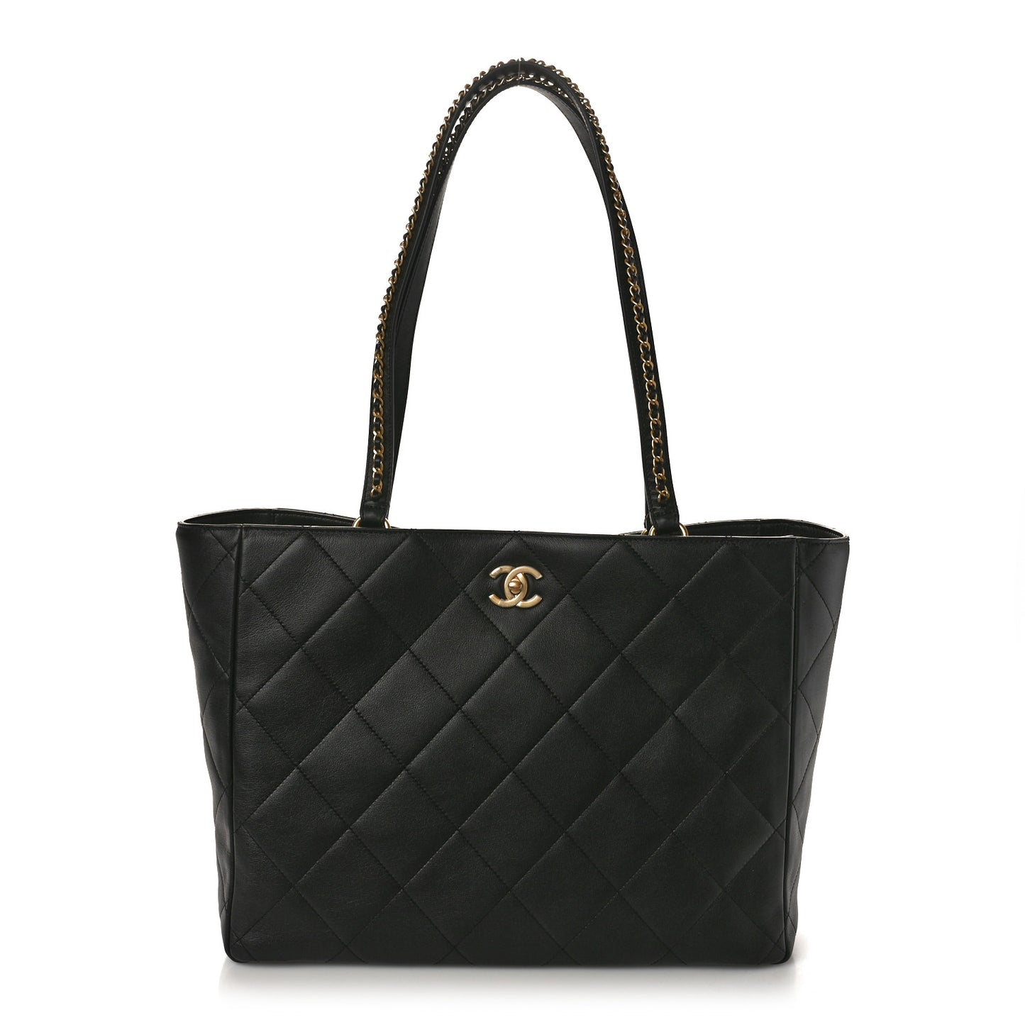 Calfskin Quilted Book Pocket Shopping Tote Black