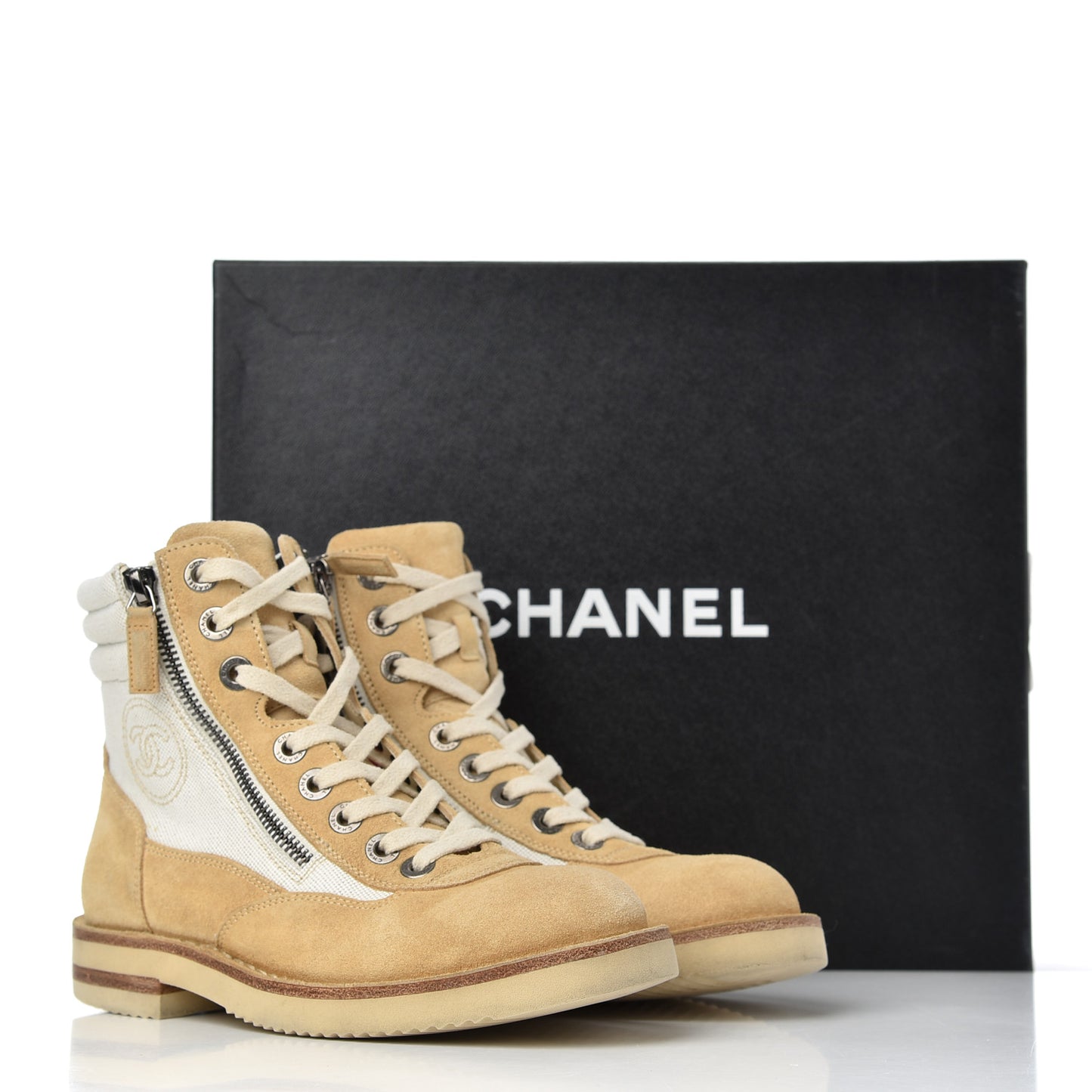 Toile Suede Calfskin CC Lace Up Short Boots 36 Light Beige