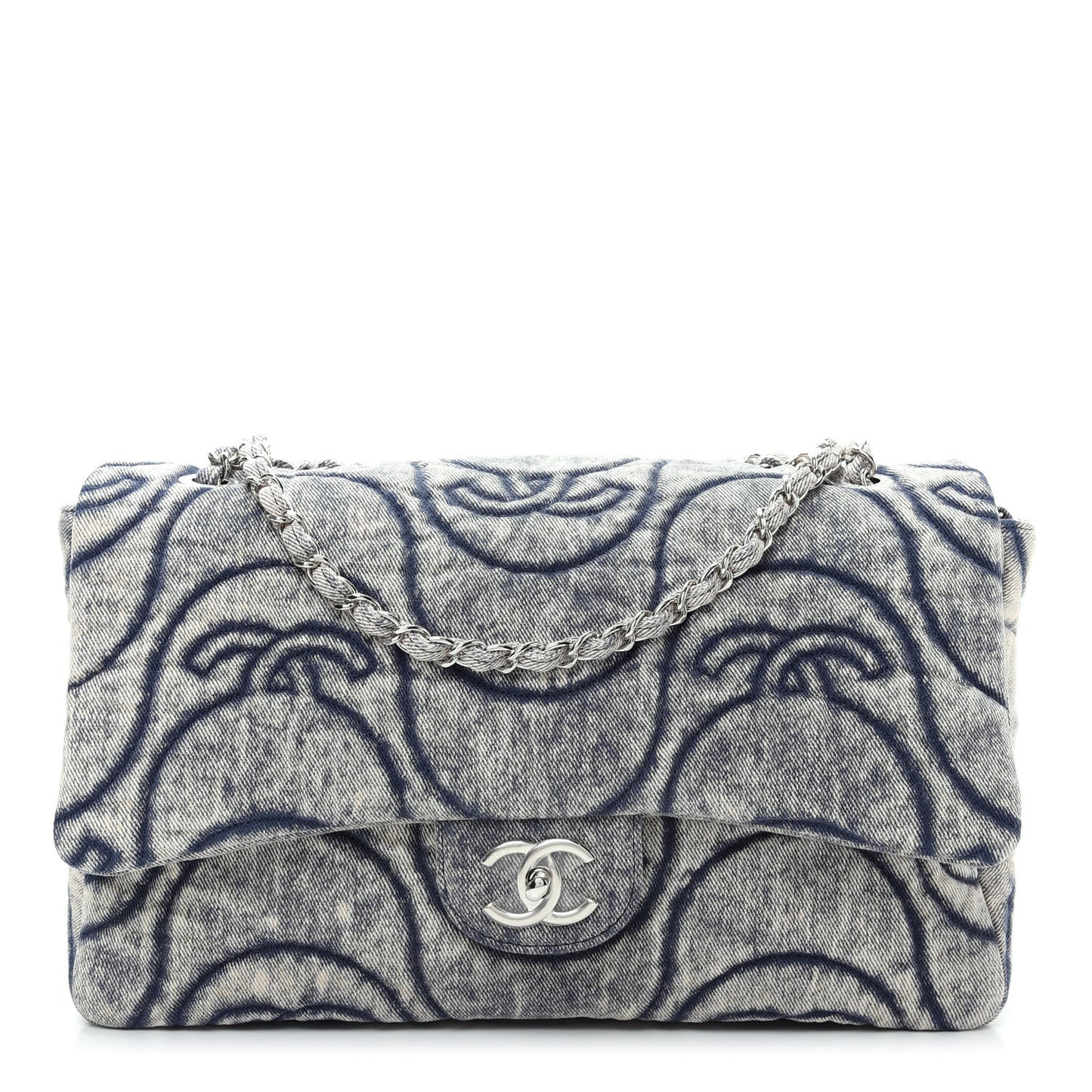 Denim Embossed CC Logo Print Jumbo Single Flap Blue