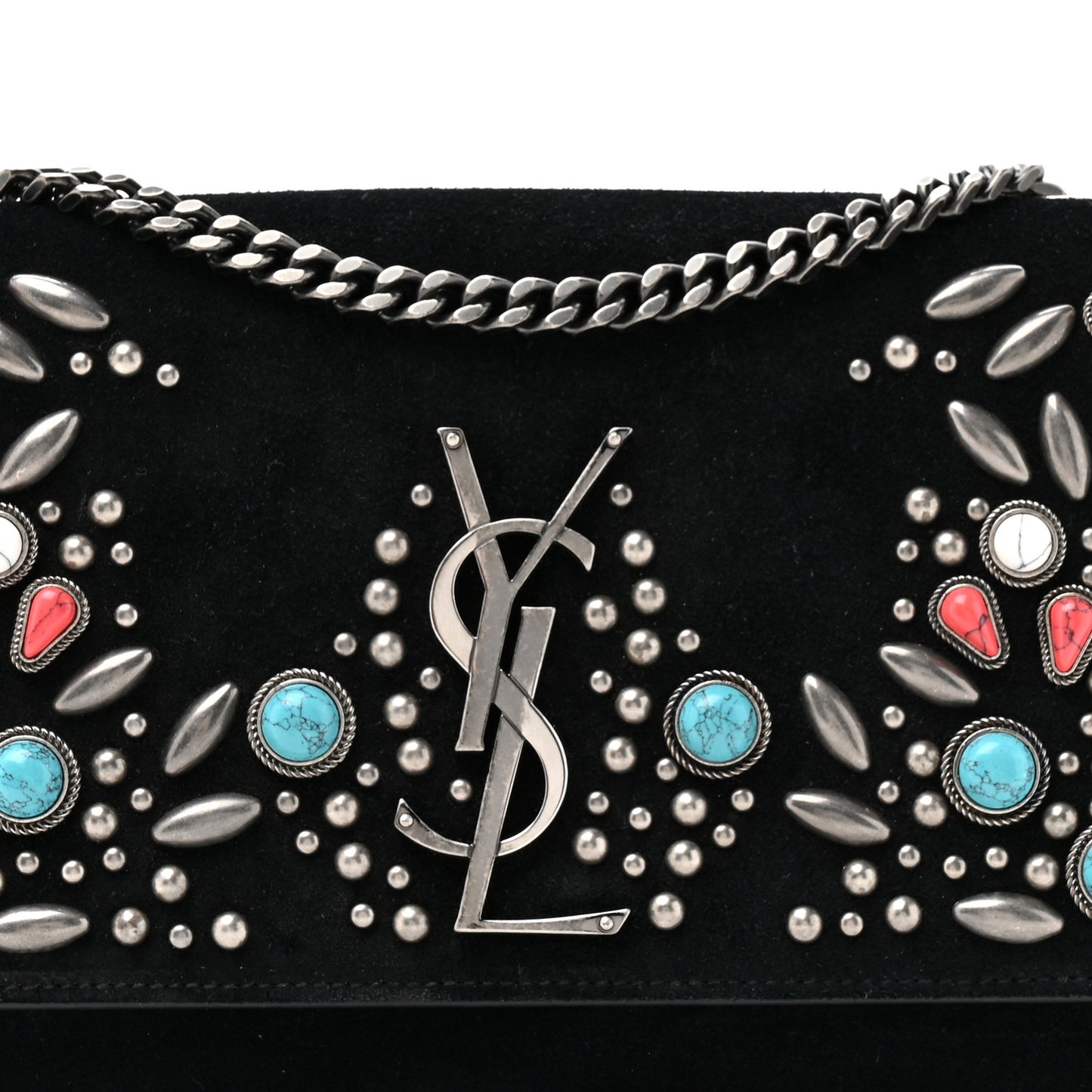 Suede Small Monogram Stone Studded Kate Satchel Black Turquoise Coral