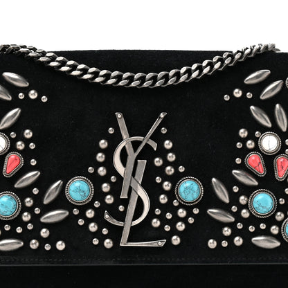 Saint Laurent Suede Small Monogram Stone Studded Kate Satchel Black Turquoise Coral 8 of 13