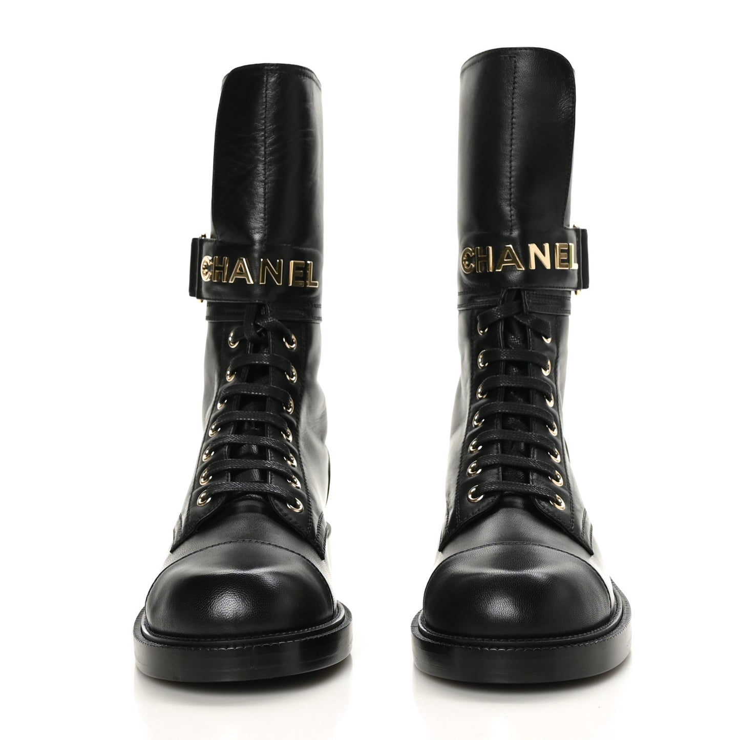 Shiny Calfskin Lace Up Combat Boots 36 Black