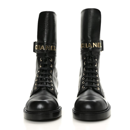 Chanel Shiny Calfskin Lace Up Combat Boots 36 Black 2 of 6