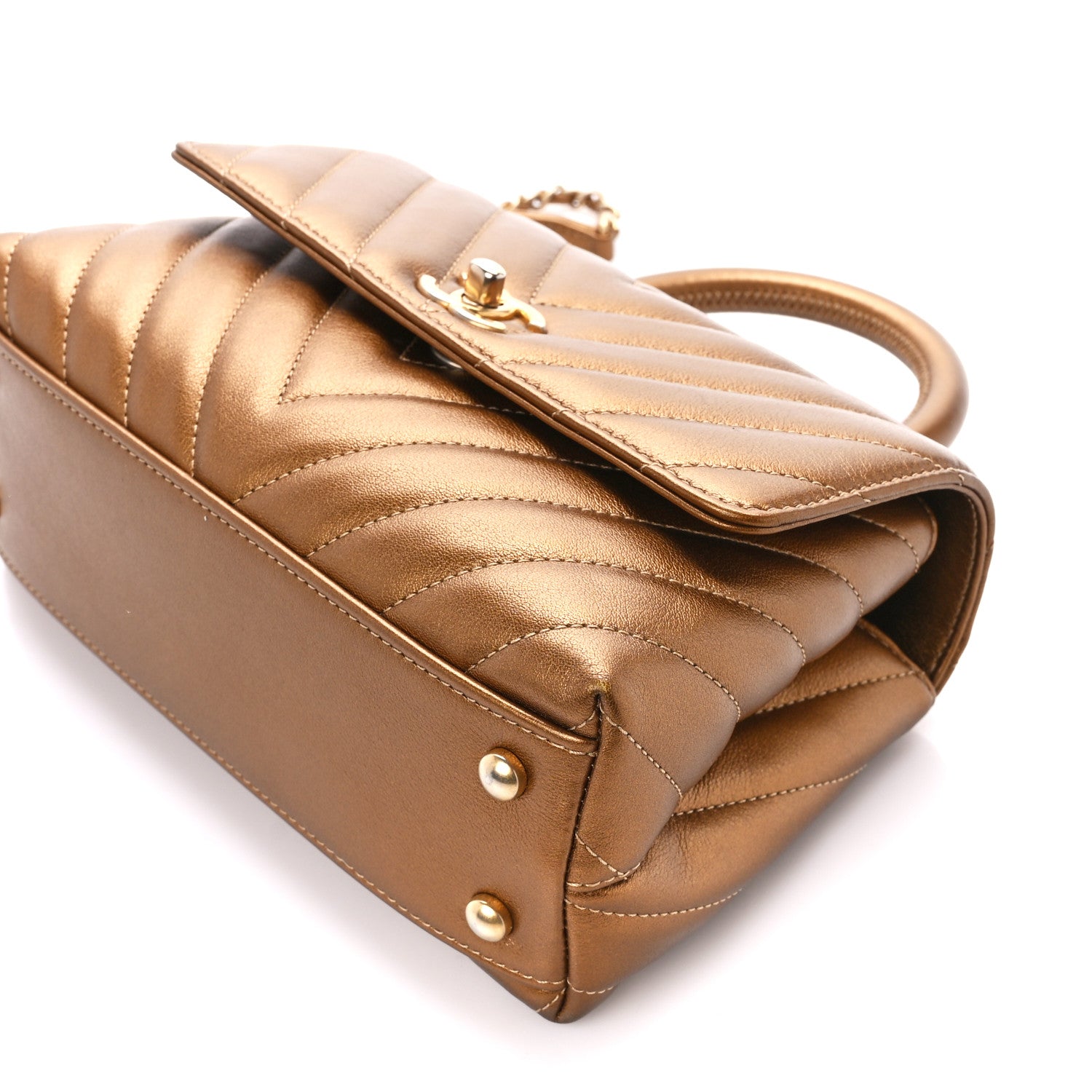 Chanel Metallic Calfskin Chevron Quilted Mini Coco Handle Flap Gold 10 of 10