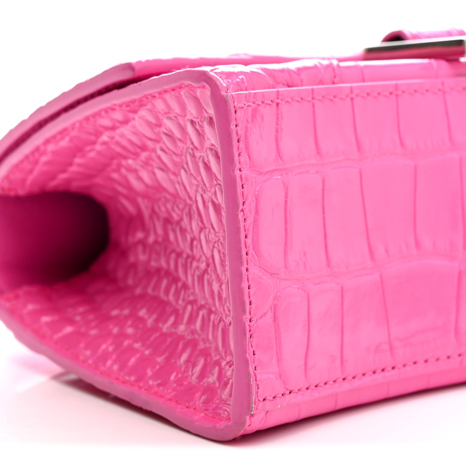 Balenciaga Shiny Calfskin Crocodile Embossed Hourglass Top Handle Bag XS Neon Pink 9 of 15